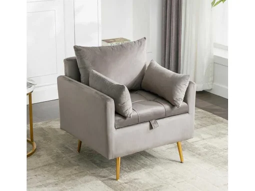 Vipi Fauteuil In Fluwelen Stof Met Opbergruimte En Kussen - Poten Van Goudkleurig Metaal - Grijs
