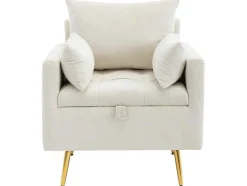 Vipi Fauteuil In Fluwelen Stof Met Opbergruimte En Kussen - Poten Van Goudkleurig Metaal - Wit