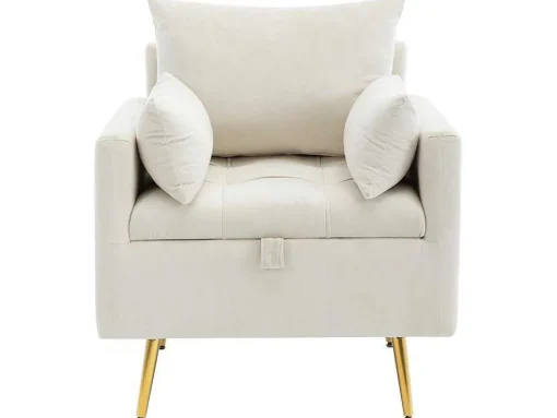 Vipi Fauteuil In Fluwelen Stof Met Opbergruimte En Kussen - Poten Van Goudkleurig Metaal - Wit