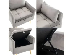 Vipi Fauteuil In Fluwelen Stof Met Opbergruimte En Kussen - Poten Van Goudkleurig Metaal - Grijs