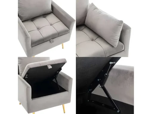 Vipi Fauteuil In Fluwelen Stof Met Opbergruimte En Kussen - Poten Van Goudkleurig Metaal - Grijs
