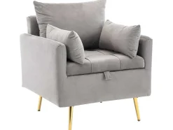 Vipi Fauteuil In Fluwelen Stof Met Opbergruimte En Kussen - Poten Van Goudkleurig Metaal - Grijs