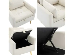 Vipi Fauteuil In Fluwelen Stof Met Opbergruimte En Kussen - Poten Van Goudkleurig Metaal - Wit