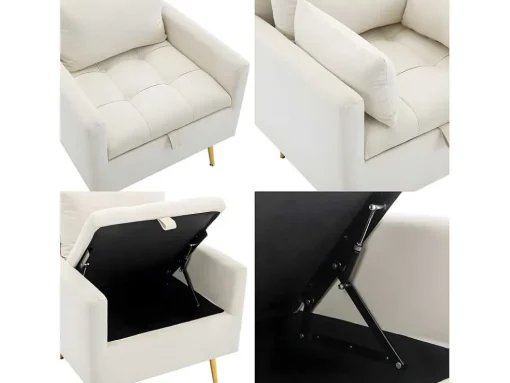 Vipi Fauteuil In Fluwelen Stof Met Opbergruimte En Kussen - Poten Van Goudkleurig Metaal - Wit