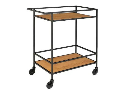 Vita Barwagen Op Wielen Met 2 Schappen, Zwart, Eikenhouten Decor.