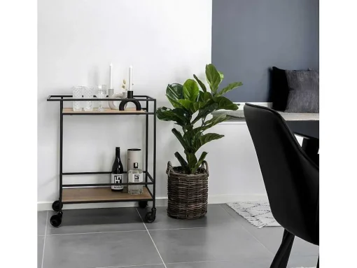 Vita Barwagen Op Wielen Met 2 Schappen, Zwart, Eikenhouten Decor.