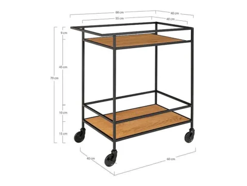 Vita Barwagen Op Wielen Met 2 Schappen, Zwart, Eikenhouten Decor.