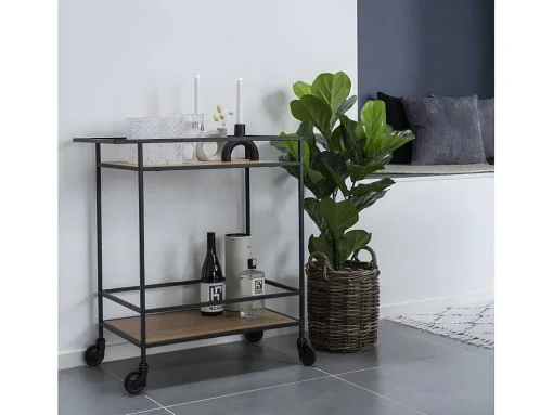 Vita Barwagen Op Wielen Met 2 Schappen, Zwart, Eikenhouten Decor.
