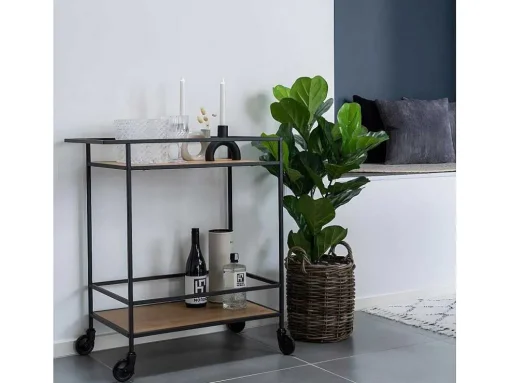 Vita Barwagen Op Wielen Met 2 Schappen, Zwart, Eikenhouten Decor.