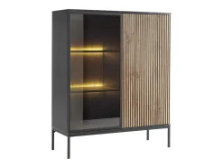 Vitrinekast Met 2 Deurtjes Met Ledverlichting Van Mdf En Gerookt Glas - Zwart En Naturel - Ovila