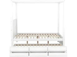 Volwassen Bed 140X200Cm - Hemelbed Met Onderschuifbed En 3 Lades - Wit