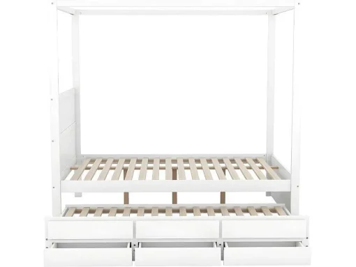 Volwassen Bed 140X200Cm - Hemelbed Met Onderschuifbed En 3 Lades - Wit