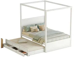 Volwassen Bed 140X200Cm - Hemelbed Met Onderschuifbed En 3 Lades - Wit