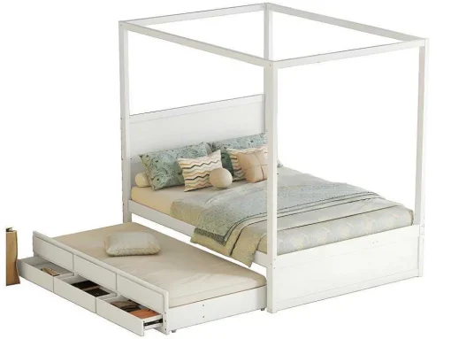Volwassen Bed 140X200Cm - Hemelbed Met Onderschuifbed En 3 Lades - Wit