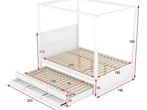 Volwassen Bed 140X200Cm - Hemelbed Met Onderschuifbed En 3 Lades - Wit