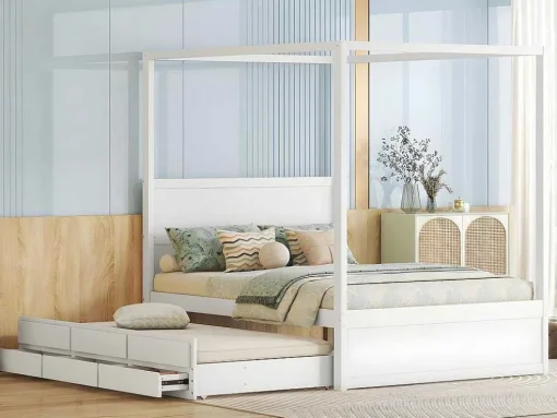 Volwassen Bed 140X200Cm - Hemelbed Met Onderschuifbed En 3 Lades - Wit