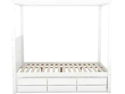 Volwassen Bed 140X200Cm - Hemelbed Met Onderschuifbed En 3 Lades - Wit