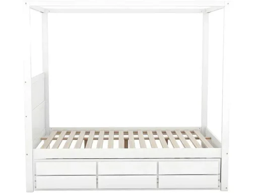 Volwassen Bed 140X200Cm - Hemelbed Met Onderschuifbed En 3 Lades - Wit