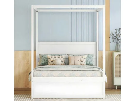 Volwassen Bed 140X200Cm - Hemelbed Met Onderschuifbed En 3 Lades - Wit