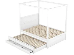 Volwassen Bed 140X200Cm - Hemelbed Met Onderschuifbed En 3 Lades - Wit