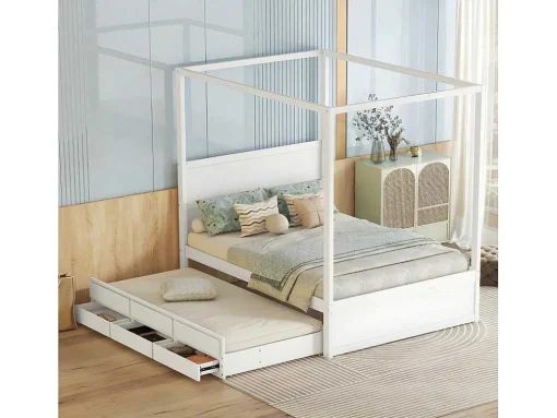 Volwassen Bed 140X200Cm - Hemelbed Met Onderschuifbed En 3 Lades - Wit