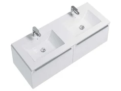Wit Hangmeubel Voor Badkamer Met Groeven Met Dubbele Inbouwwastafel - 120 Cm - Latoma