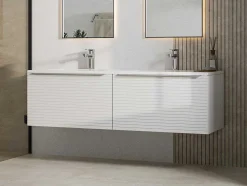 Wit Hangmeubel Voor Badkamer Met Groeven Met Dubbele Inbouwwastafel - 120 Cm - Latoma