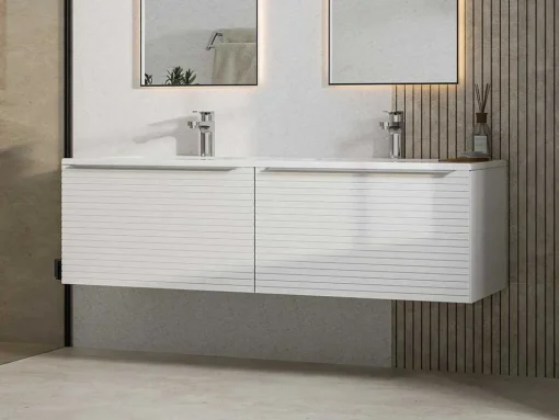 Wit Hangmeubel Voor Badkamer Met Groeven Met Dubbele Inbouwwastafel - 120 Cm - Latoma