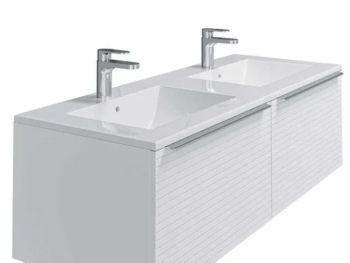Wit Hangmeubel Voor Badkamer Met Groeven Met Dubbele Inbouwwastafel - 120 Cm - Latoma