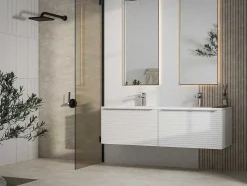 Wit Hangmeubel Voor Badkamer Met Groeven Met Dubbele Inbouwwastafel - 120 Cm - Latoma