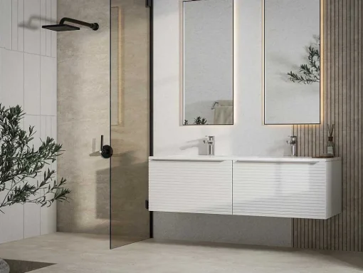 Wit Hangmeubel Voor Badkamer Met Groeven Met Dubbele Inbouwwastafel - 120 Cm - Latoma