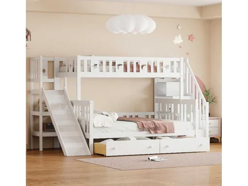 2-Zits Stapelbed Met Glijbaan En Planken - 90 X 200 Cm + 140 X 200 Cm - Wit - Anthony