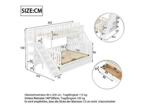 2-Zits Stapelbed Met Glijbaan En Planken - 90 X 200 Cm + 140 X 200 Cm - Wit - Anthony