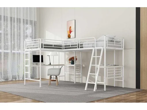 2-Zits Tussenbed - 2 X 90 X 200 Cm - Met Hoekbureau En Ladders - Metaal - Wit