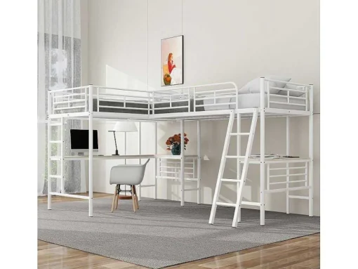 2-Zits Tussenbed - 2 X 90 X 200 Cm - Met Hoekbureau En Ladders - Metaal - Wit