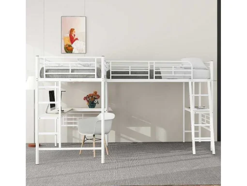 2-Zits Tussenbed - 2 X 90 X 200 Cm - Met Hoekbureau En Ladders - Metaal - Wit