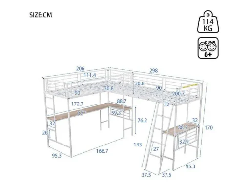 2-Zits Tussenbed - 2 X 90 X 200 Cm - Met Hoekbureau En Ladders - Metaal - Wit