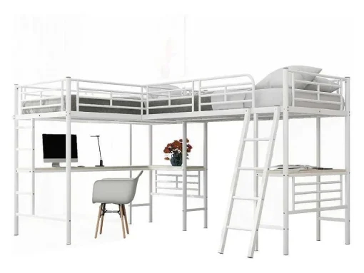 2-Zits Tussenbed - 2 X 90 X 200 Cm - Met Hoekbureau En Ladders - Metaal - Wit