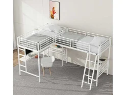 2-Zits Tussenbed - 2 X 90 X 200 Cm - Met Hoekbureau En Ladders - Metaal - Wit