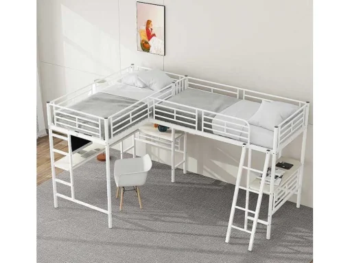 2-Zits Tussenbed - 2 X 90 X 200 Cm - Met Hoekbureau En Ladders - Metaal - Wit