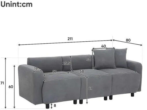 3-Zitsbank In Chenille-Stof Met 2 Kussens - Slaaphoogte 211 Cm - Grijs