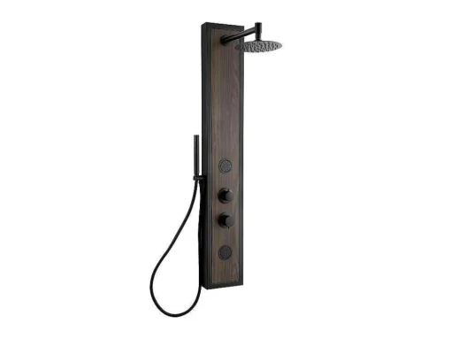 Zwarte Douchekolom Met Massagestralen Met Houten Decoratie - H127 X L48,5 Cm - Ubala