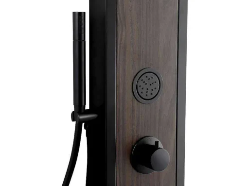 Zwarte Douchekolom Met Massagestralen Met Houten Decoratie - H127 X L48,5 Cm - Ubala