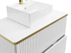 Zwevend, Geribbeld Badkamermeubel Met Goudkleurige Randen En Opzetwastafel - Wit - 80 Cm - Keliza