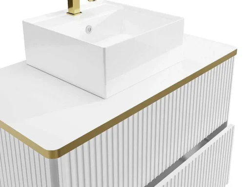 Zwevend, Geribbeld Badkamermeubel Met Goudkleurige Randen En Opzetwastafel - Wit - 80 Cm - Keliza