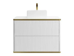 Zwevend, Geribbeld Badkamermeubel Met Goudkleurige Randen En Opzetwastafel - Wit - 80 Cm - Keliza