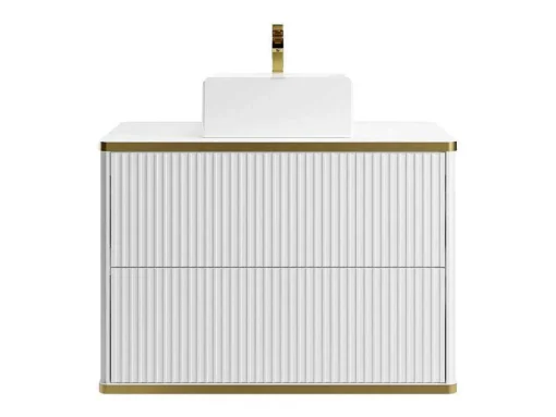 Zwevend, Geribbeld Badkamermeubel Met Goudkleurige Randen En Opzetwastafel - Wit - 80 Cm - Keliza