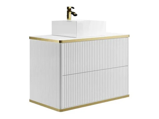 Zwevend, Geribbeld Badkamermeubel Met Goudkleurige Randen En Opzetwastafel - Wit - 80 Cm - Keliza
