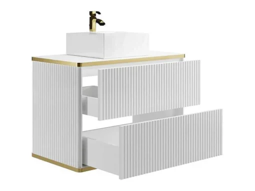 Zwevend, Geribbeld Badkamermeubel Met Goudkleurige Randen En Opzetwastafel - Wit - 80 Cm - Keliza