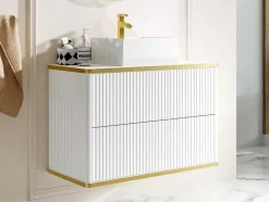 Zwevend, Geribbeld Badkamermeubel Met Goudkleurige Randen En Opzetwastafel - Wit - 80 Cm - Keliza